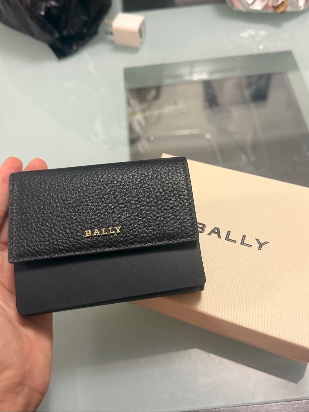 Bally Black Pebbled Leather Card & Key Holder with Gold Logo